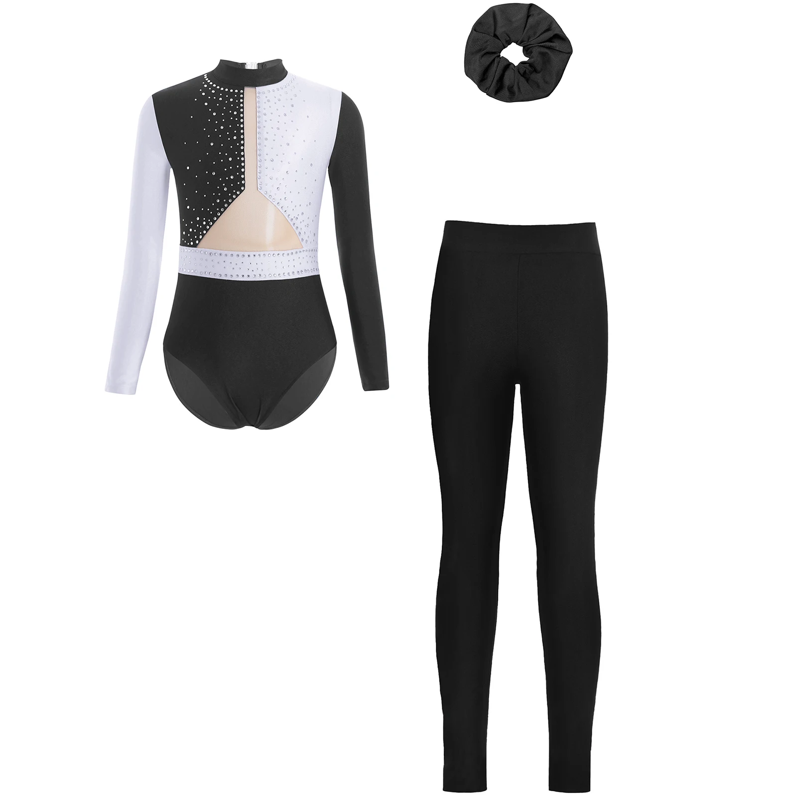 Kids Girls Gymnastics Leotard + Leggings Figure Skating Jumpsuits Dance Outfit Keyhole Back Patchwork Rhinestones 3Pcs/Set