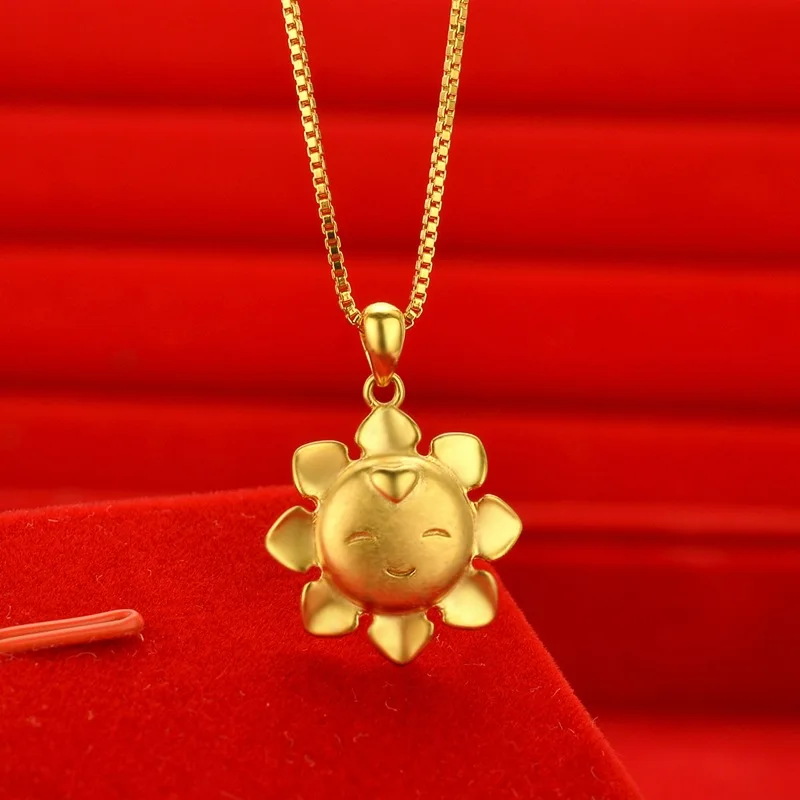 

AU999 Gold Necklace Womens Sunflower Smiley Face Pendant 24K Pure Gold Clavicle Chain Temperament Fashion Light Luxury Necklace