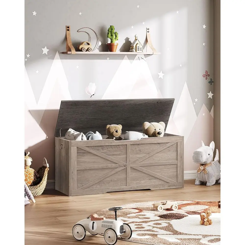 Retro-Bauernhaus-Aufbewahrungstruhe aus Holz, Anthrazit und Greige, Spielzeugkiste für Schlafzimmer und Wohnzimmer mit Sicherheitsscharnier