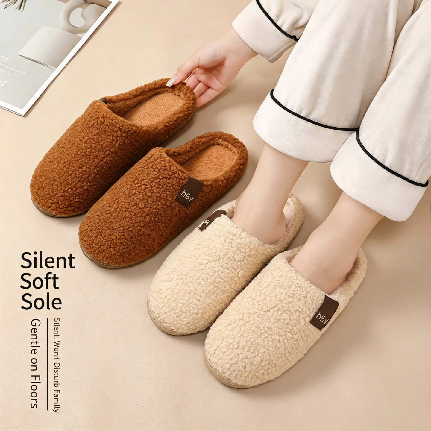 Winterwarme Plüsch-Hausschuhe für Damen und Herren, weiche, dicke Sohle, rutschfest, geräuschlos, für den Innenbereich, Baumwollschuhe, lässige Paar-Schuhe. – Detail 23