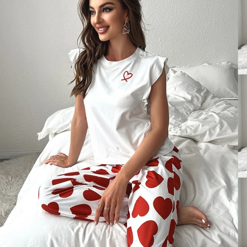 

Summer women can wear flying sleeves T pajamas pants set for love printing casual home 2 piece sets women can vacation outfits