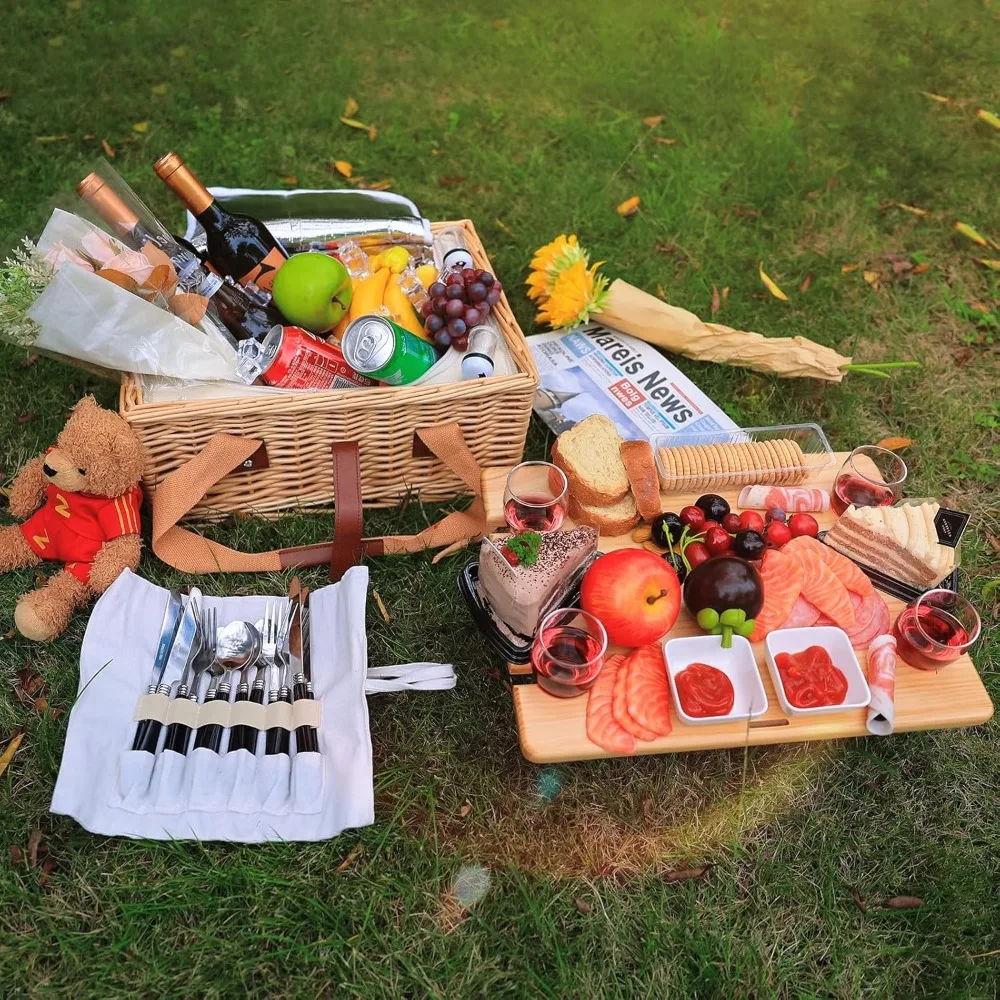 

Wicker Picnic Basket for 2 with Mini Folding Wine Picnic Table & Large Insulated Cooler Bag & Cutlery Service Kits for 2 Person