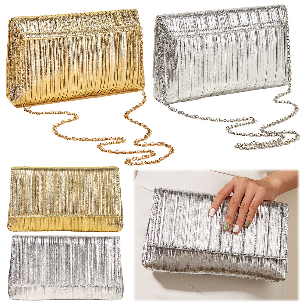 

Женская сумка-клатч из плиссированной металлизированной искусственной кожи, сумка-конверт с клапаном, блестящая сумка через плечо для свадьбы, вечеринки, торжественных мероприятий