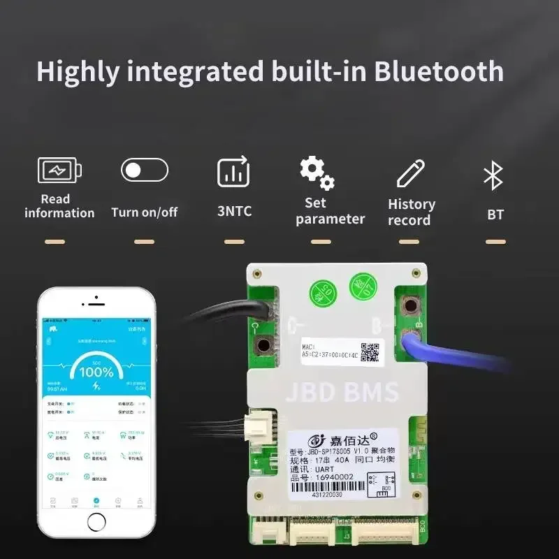 JBD Bluetooth Smart BMS 7S to 17S 10S 13S 14S 16S Lithium Battery Protection Board 24V 36V 48V 52V 60V Li-ion Lipo 20A 40A 60A