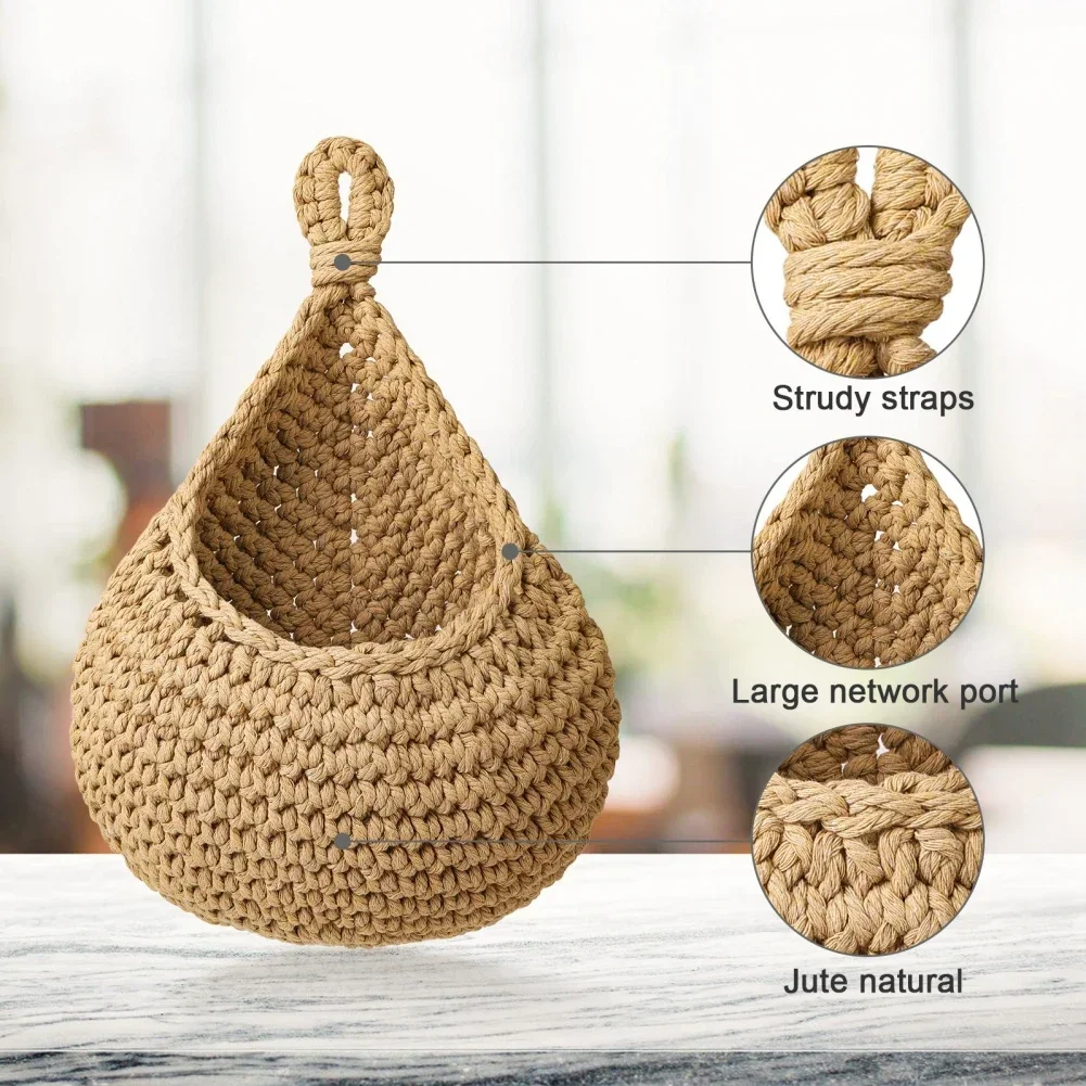 1pc Vegetable Fruit Basket Organizer Hand-Woven Wall Mounted Teardrop Mesh Pocket Plants Flowers Kitchen Garden Decoration