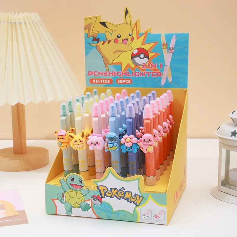 36pcs/lot Kawaii Pokemon Pikachu 6 Colors Highlighter For Writing Cute 0.5mm Black Ink Gel Pen School Office Supplies Stationery