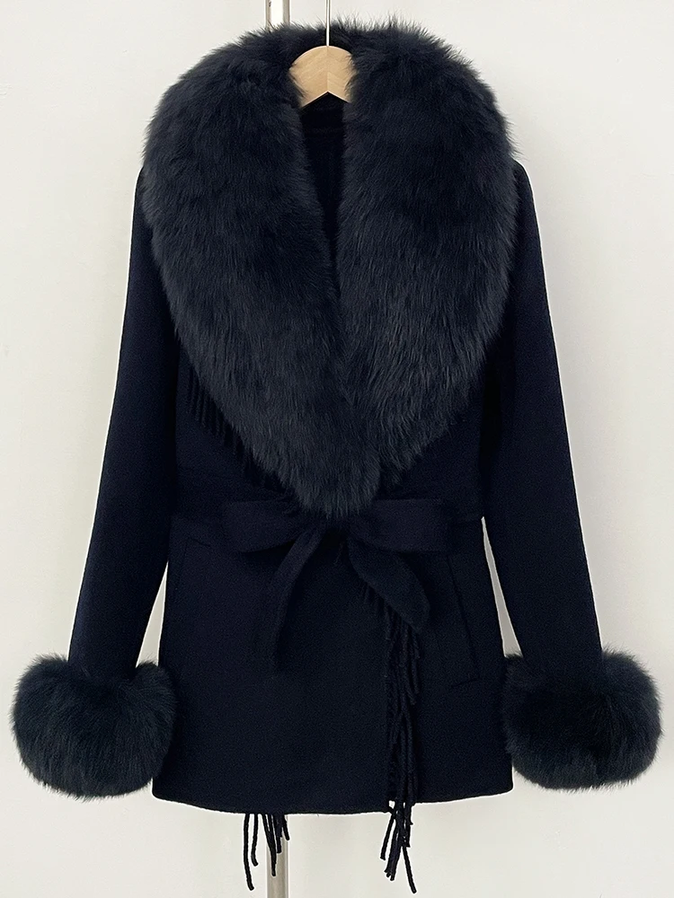 Giacca di lana di pelliccia naturale moda donna Cappotto corto di lana di vera pelliccia di volpe Nuovi vestiti autunno inverno Cappotto con nappa femminile