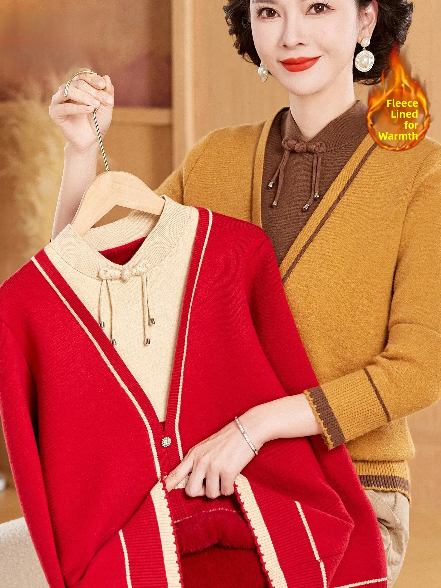 

New Chinese Sle Women's Knitted Sweater Fce Lined Qipao Collar Base irt Warm Top for Autumn Winter plus Size Regular Fit