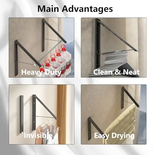 

Black Metal Wall-Mounted Foldable Retractable Drying Rack With Single Rod For Laundry, Balcony, Dorm And Closet Use