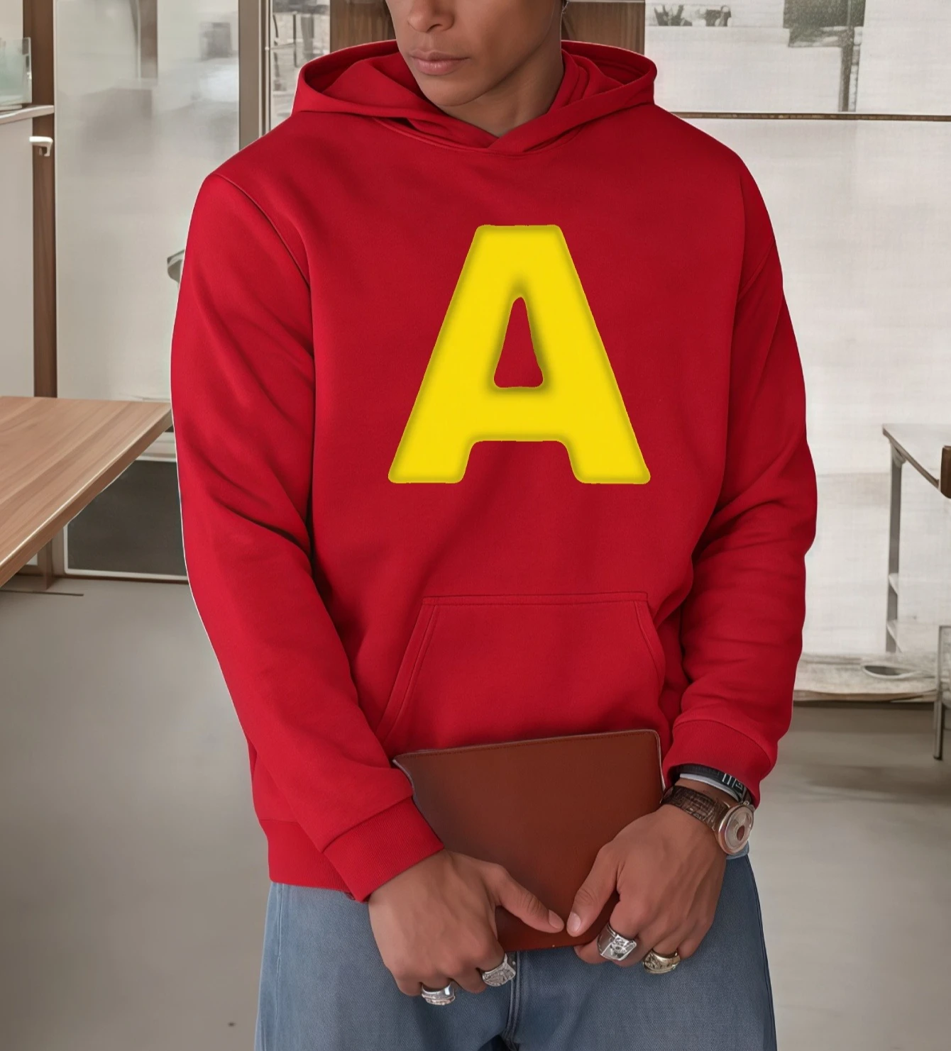 

Yellow "A" Print Loose Fit Pocket Fall Style Casual Wear Hoodie Bold Letter Print Hipster Street Fashion Long Sleeve Pullover