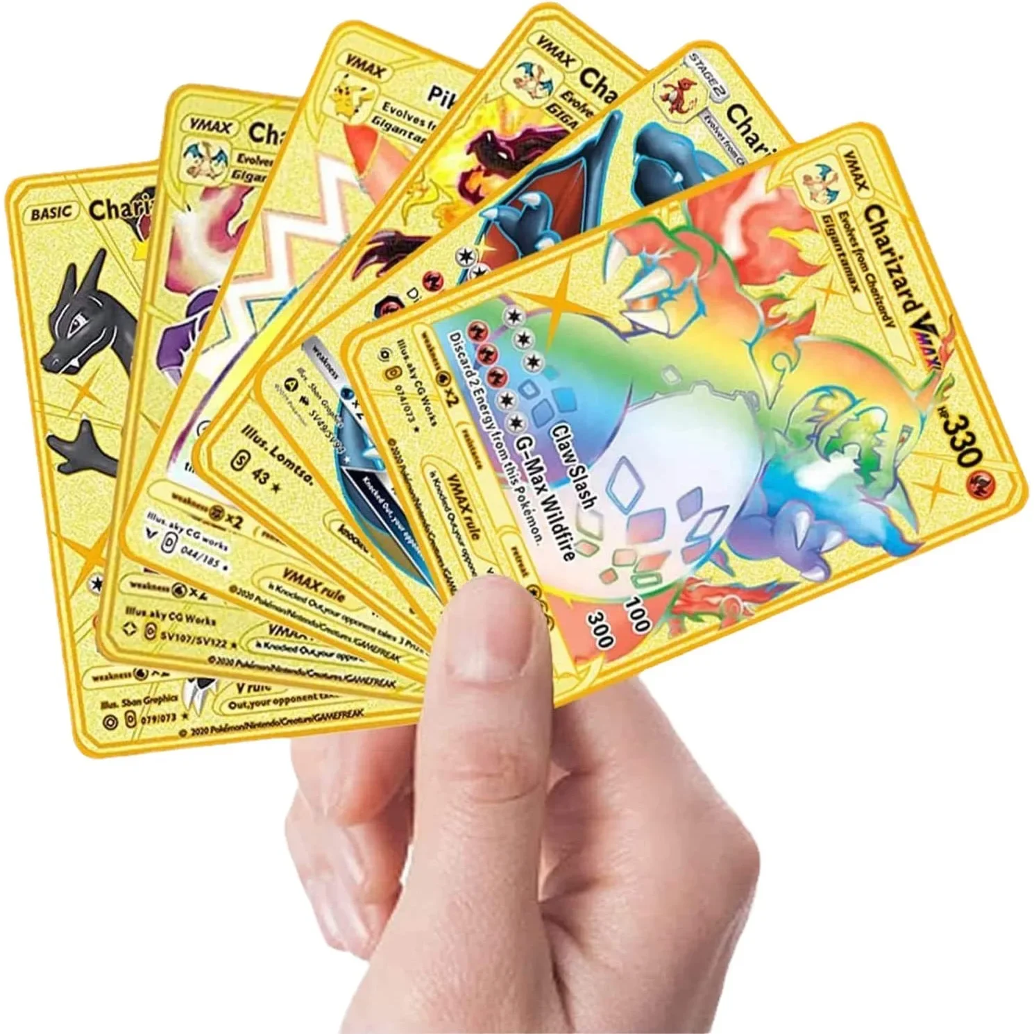 Cartas de Pokémon 10000, Arceus, Pikachu, Charizard, Vmax, Gx, monstruo de bolsillo dorado, letras de Metal de hierro en inglés, colección de