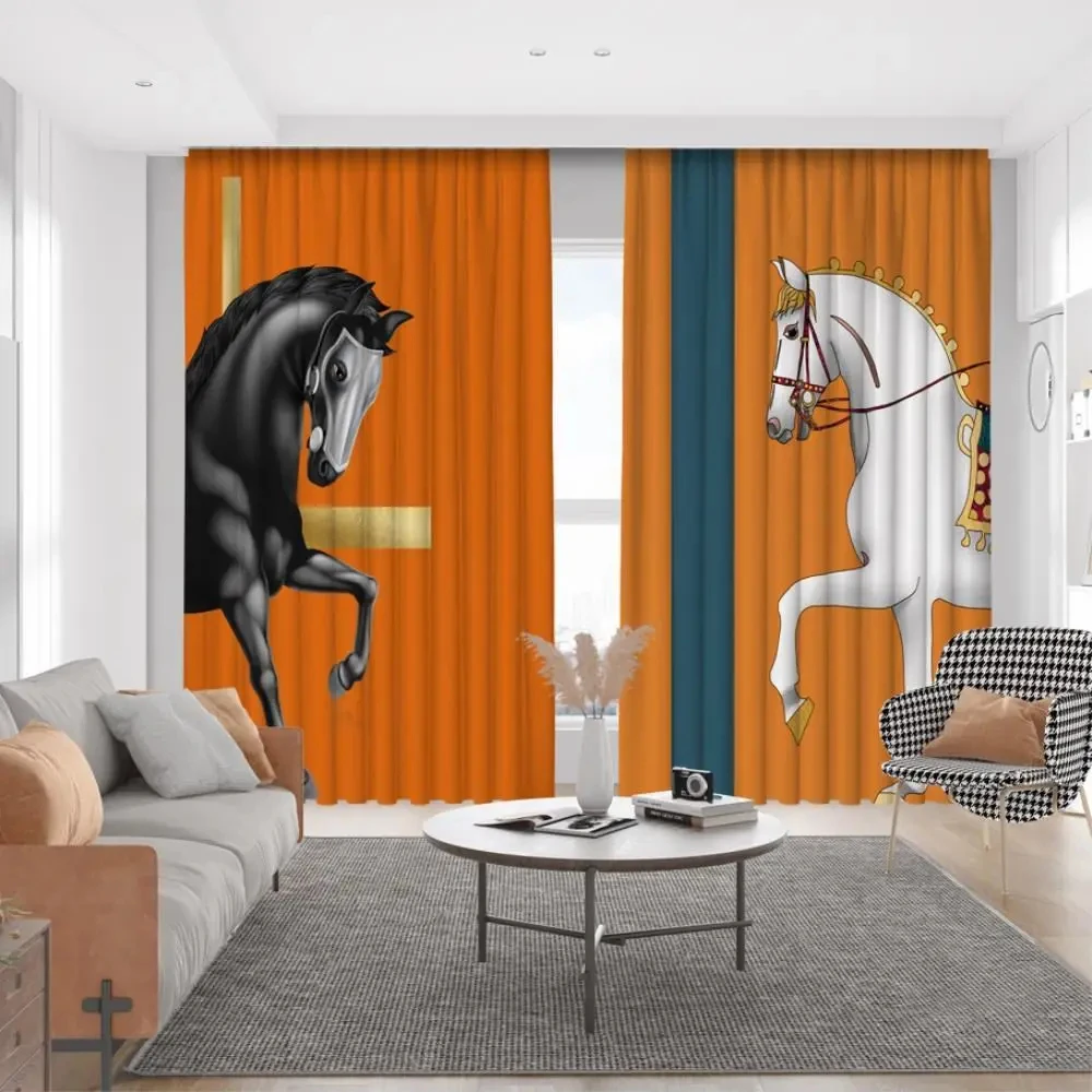 3D Luxury Pop Orange Background Black and White Horse Curtains Modern Home Style Curtains Living Room Bedroom Study Room Decor