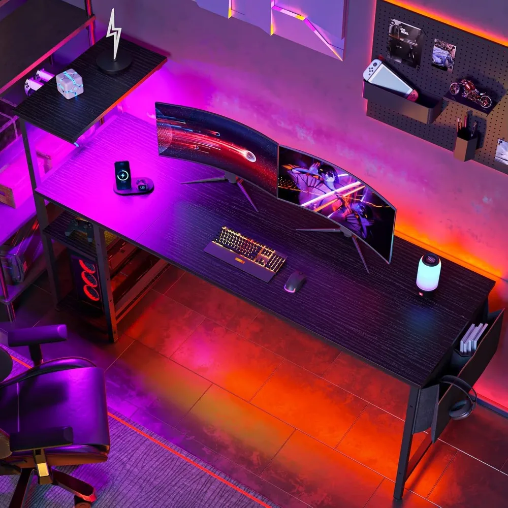 Gaming Desk with Shelves, 61 Inch Large PC Gaming Table with LED Lights, Led Gamer Desk with 4 Tiers Reversible Storage