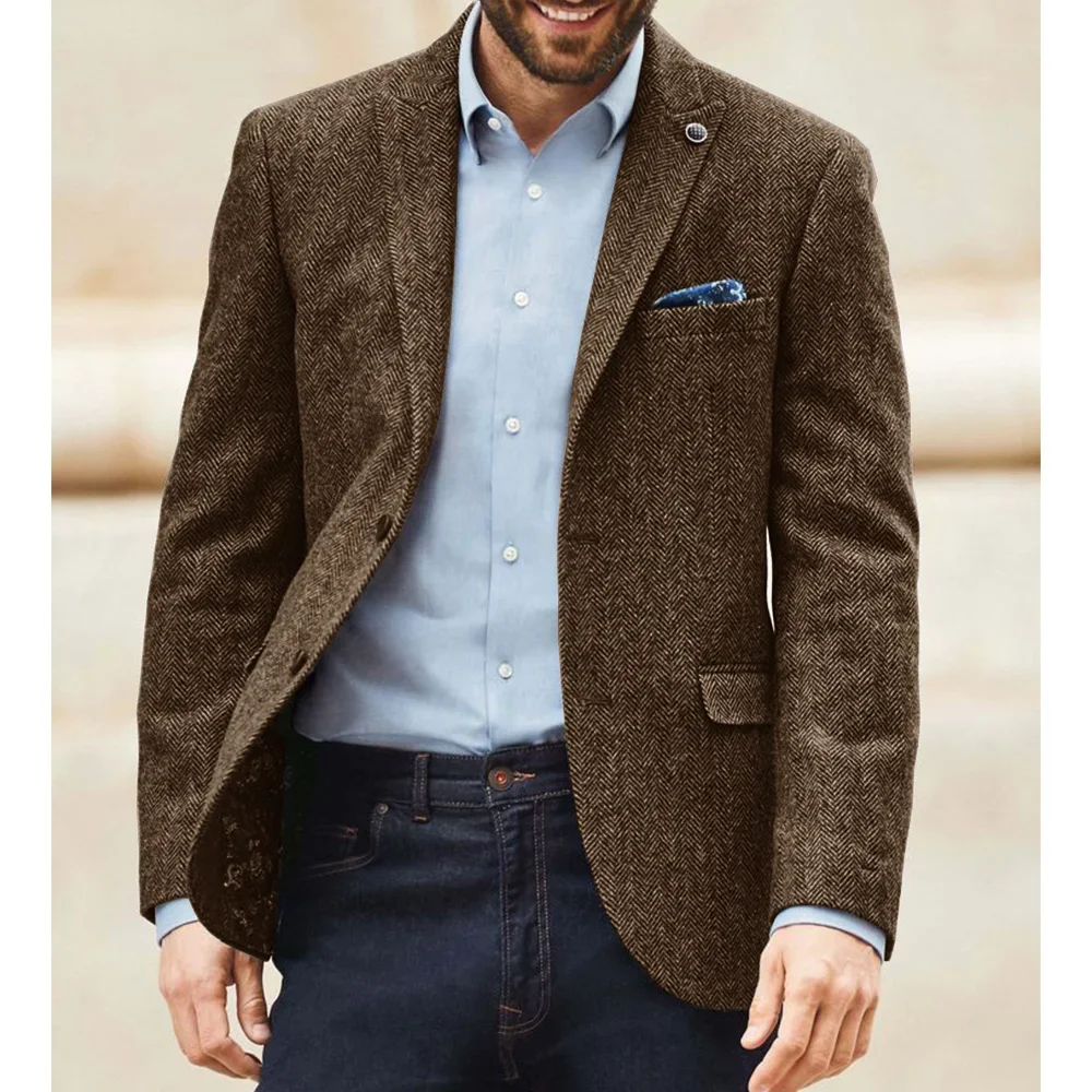 

Only Men's Blazer 1PCS Herringbone Classic Simple Notch Lapel Dress Jacket Elegant Slim Fit Fashion Casual Business Outerwear