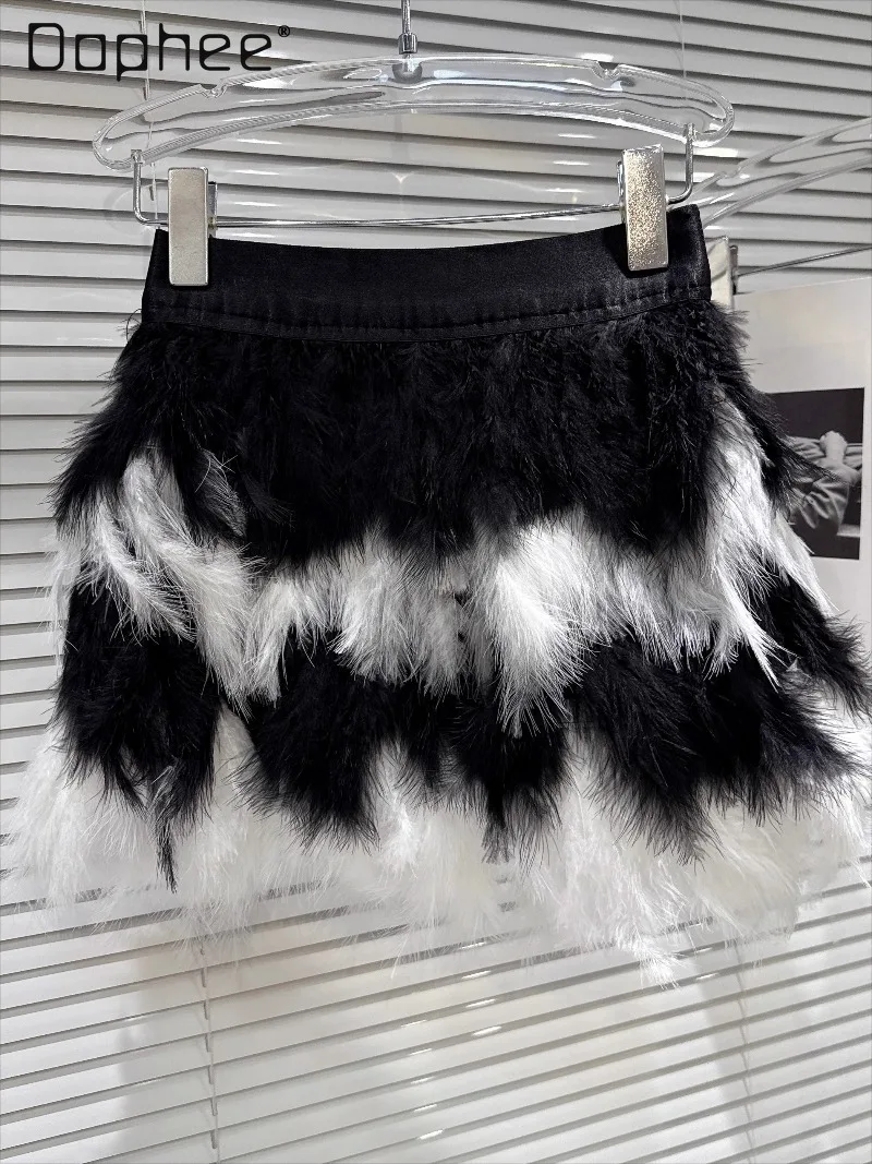 

Elegant Socialite Black and White Contrast Feather Patchwork Elastic Waist Skirt Women Korean Chic Trendy Slimming Mini Skirt