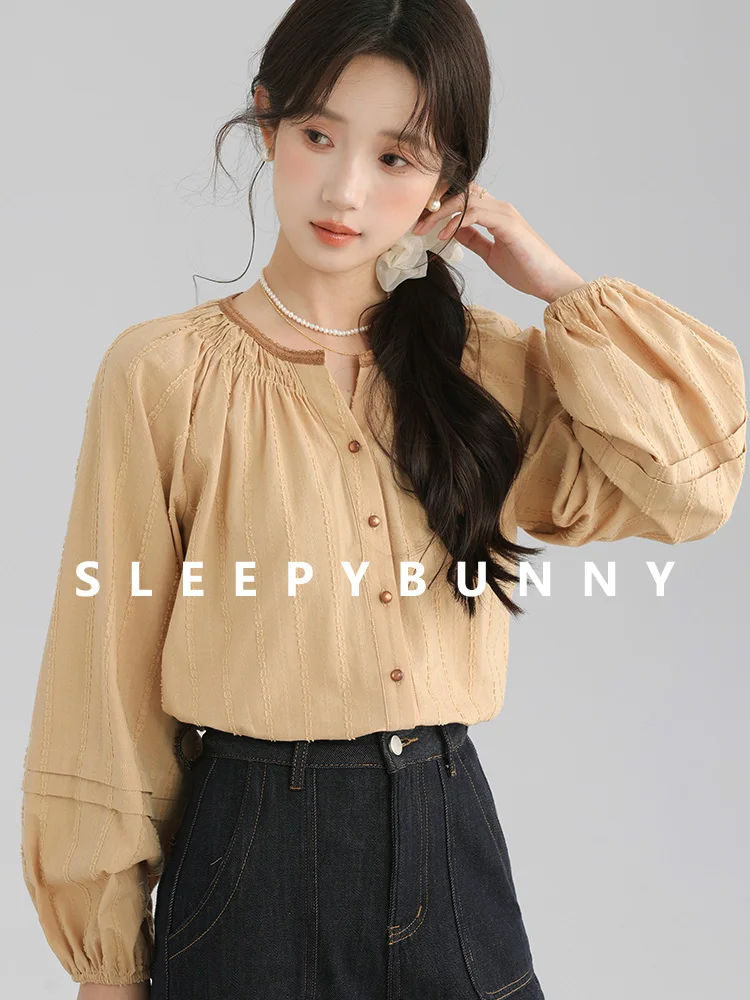 French Lace Trim Lantern Sleeve Blouse Women Spring&Fall Loose Fit Round Neck Shirt Vintage Contrast Design Casual Elegant Tops