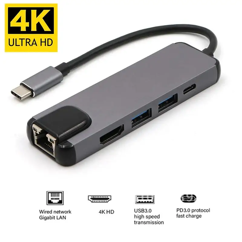 

USBC to RJ45 HDMI-compatible USB 3.0 Type C Port Hub Gigabit Ethernet Lan 4K for Macbook Pro Air Thunderbolt 3 USB-C Charger