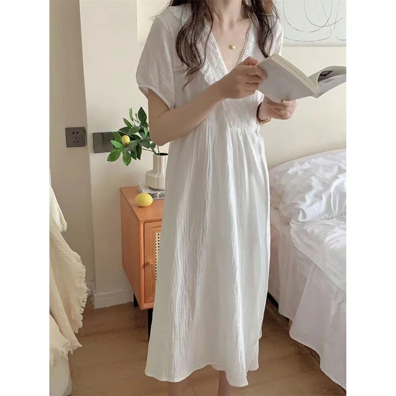 Lace Women Nightgown V-neck Sleepwear Summer Night Dress Short Sleeve One Piece Pajamas Korean Solid Tie Home Wear Robe 2024 New