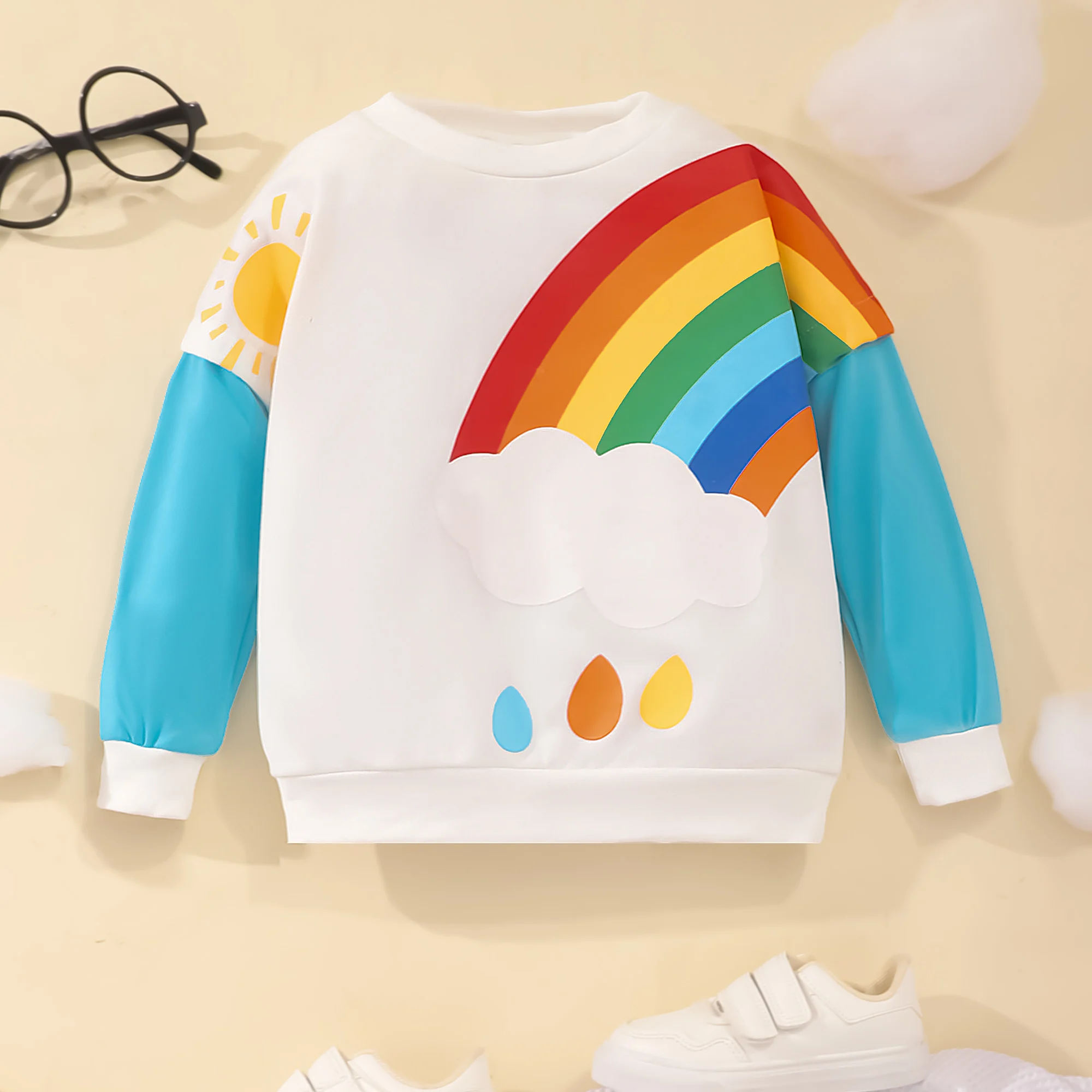 2023 Autumn Winter Boys and Girls Top Children Wear Long Sleeve Round Neck Rainbow Print Cartoon Children\'s Wear 3 4 5 6 7 Years