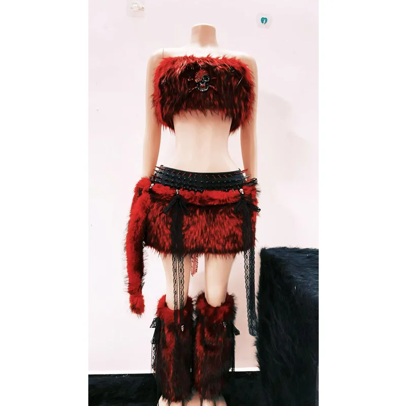 Original Design Red Furry Sweet Cool Short Women's Vest Gothic Style Music Festival Performance Rivet Y2K Sexy Skirt Set Ladies