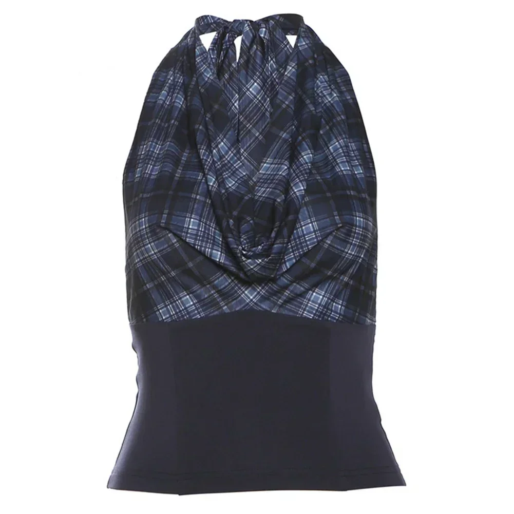 

Топ с открытой спиной и бретелькой на шее, повседневная одежда, летняя мода, стиль для девочек, без воротника, вырез, короткая длина, дизайн без рукавов