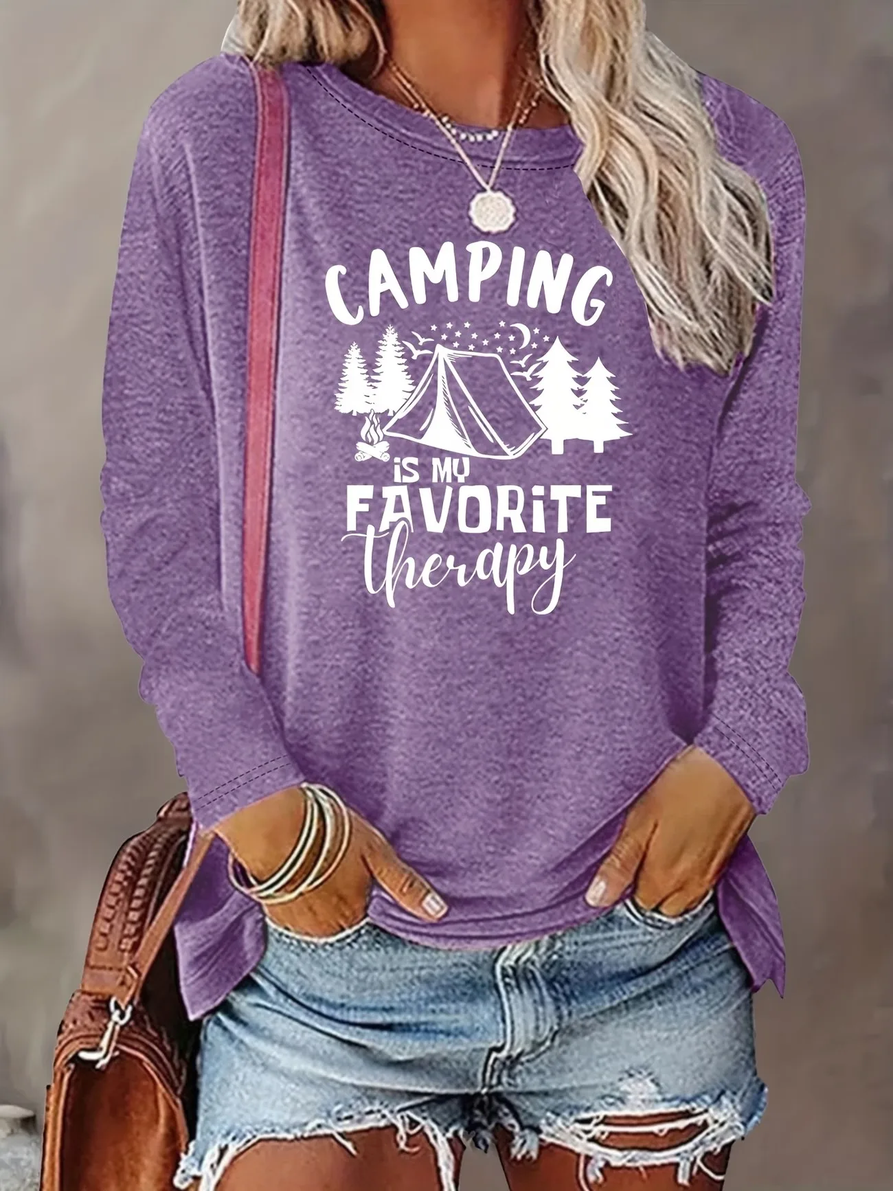 Retro Ladies O-Neck Long Sleeve T-shirt Camping Is My Favorite Therapy Graphic Print Loose Fit Soft Casual Autumn Women Tops