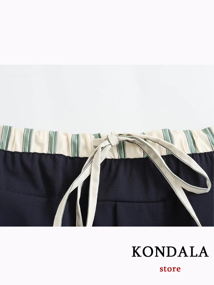 KONDALA Casual Striped Print Long Pants Women Elastic Bow Tie Straight Pants Fashion 2024 Spring Summer Sports Women Trousers