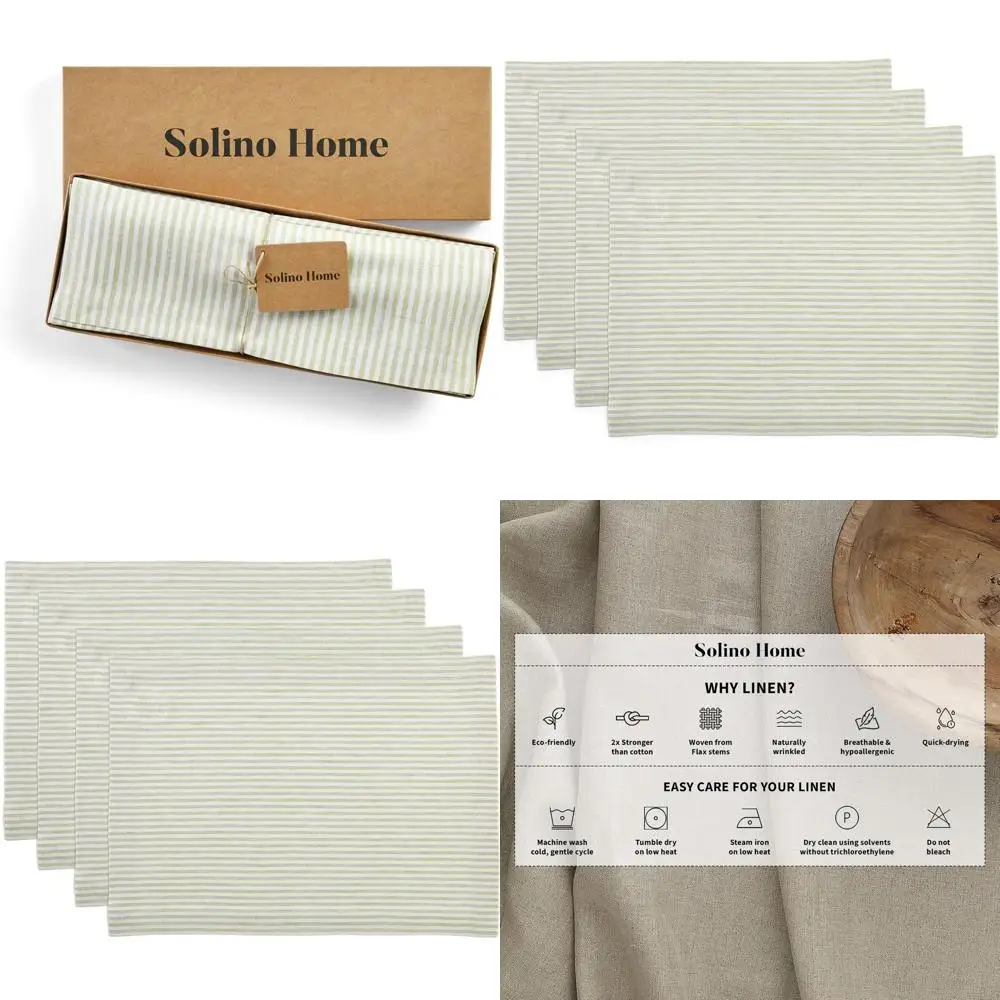 

Set of 4 14x19 Sage & White Striped Linen Placemats - Pure Linen for Holiday Dining