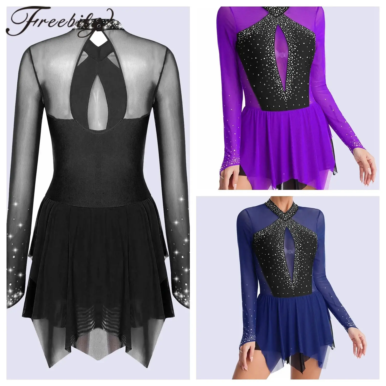 

Ballet Dance Leotard Dress Women's Rhinestones Figure Ice Skating Dress Dance Wear With Chiffon Skirts Competition Dance Costume