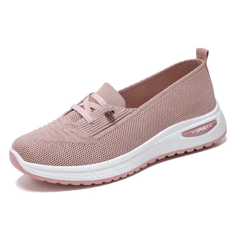 2024 woman mesh flats comfortable thick sole walking shoe pink Knit detail outdoor sneakers women's sporty slip on shoes lace up