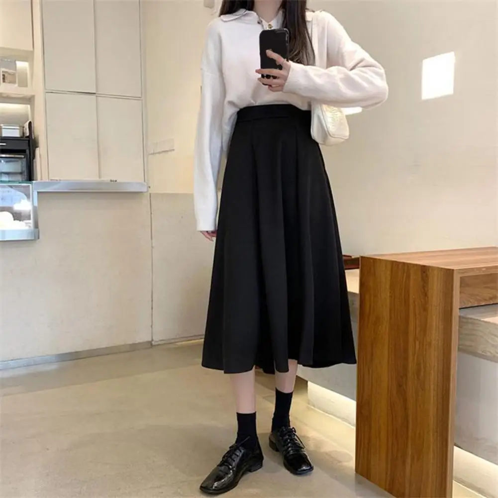 High-waisted Skater Skirt Elegant High Waist A-line Midi Skirt for Women Solid Color Office Lady Skater Skirt with Hem Workwear