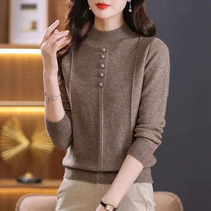 

Half High Solid Color Cashmere Sweater For Women Loose Pullover Autumn and Winter Contracted Commuter Basic Knitwear Top Base