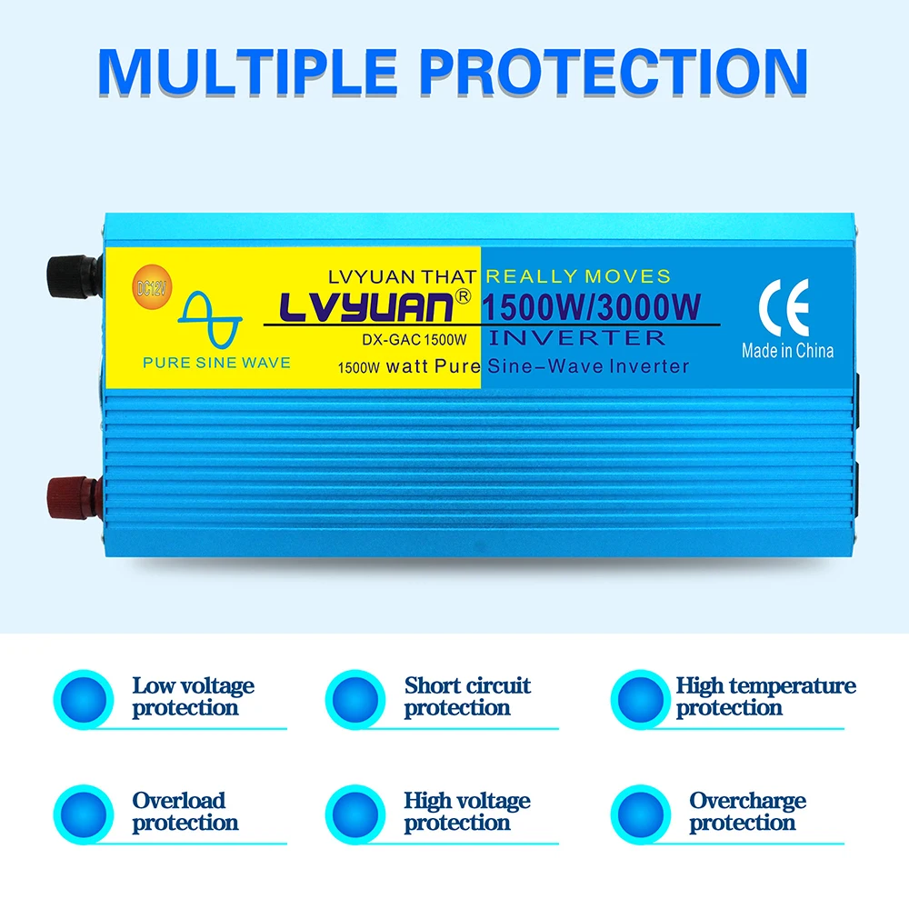 Lvyuan Pure Sine Wave Inverter 4000W 3000W Peak Power Car Converter DC 12V to AC 220V 50/60Hz Transformer LED Display