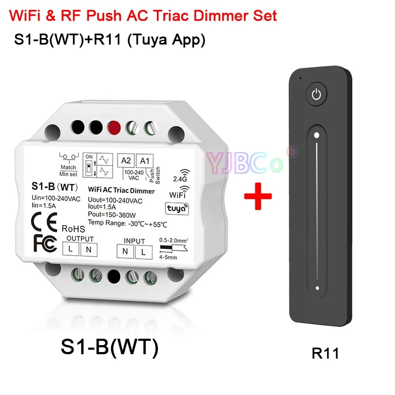 

110V-220V AC S1-B WT Wifi Led Triac RF Dimmer R1/R11 Remote 2.4G Wireless 1.5A 150W-360W Push Dimmer LED Switch Controller