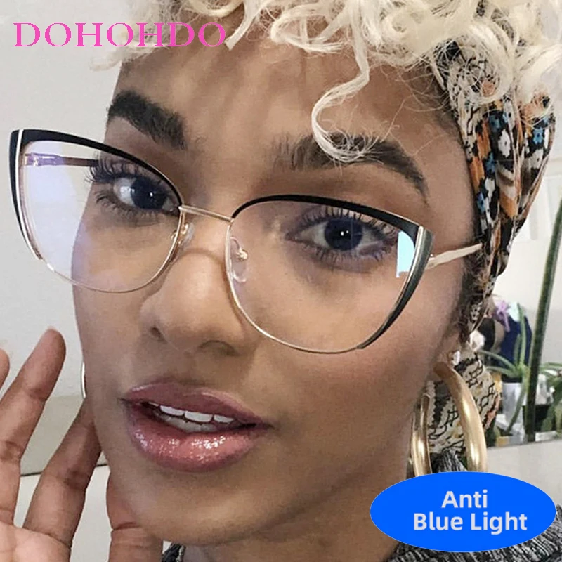 

New Luxury Brand Designer Cat Eye Metal Blue Light Fashion Trendy Optical Glasses Men Women Computer Glasses Unisex Lentes Оч