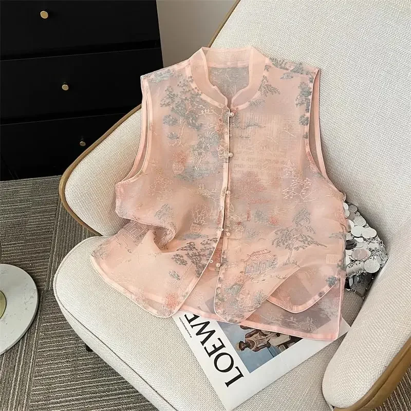 Embroider Vest New Chinese Style Summer Pink Top Women's Organza Breathable Tang Clothes Vintage Mandarin Collar Jacket A749