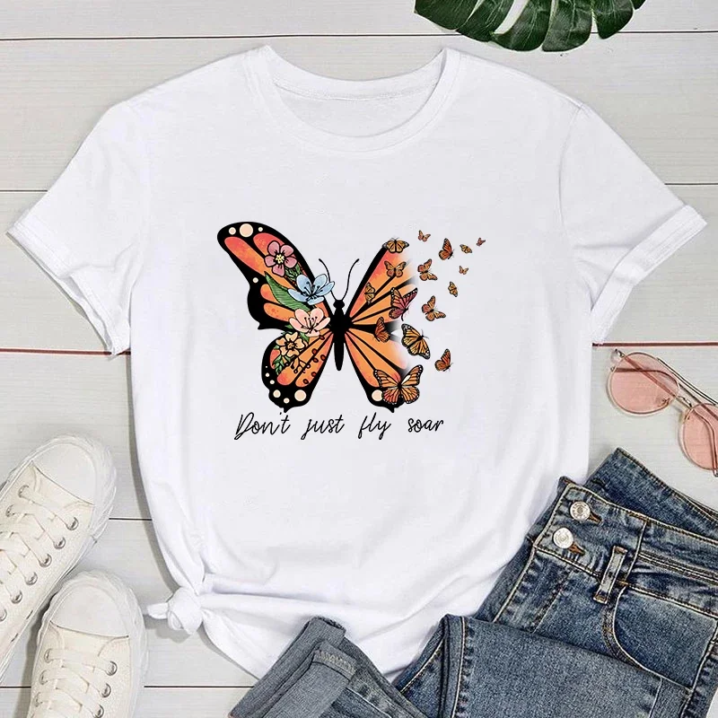 

T-Shirts For Female Summer Tee Shirt Casual Short Sleeve (Premium T-shirt)New Butterfly Don'T Just Fly Soar Letter Printed