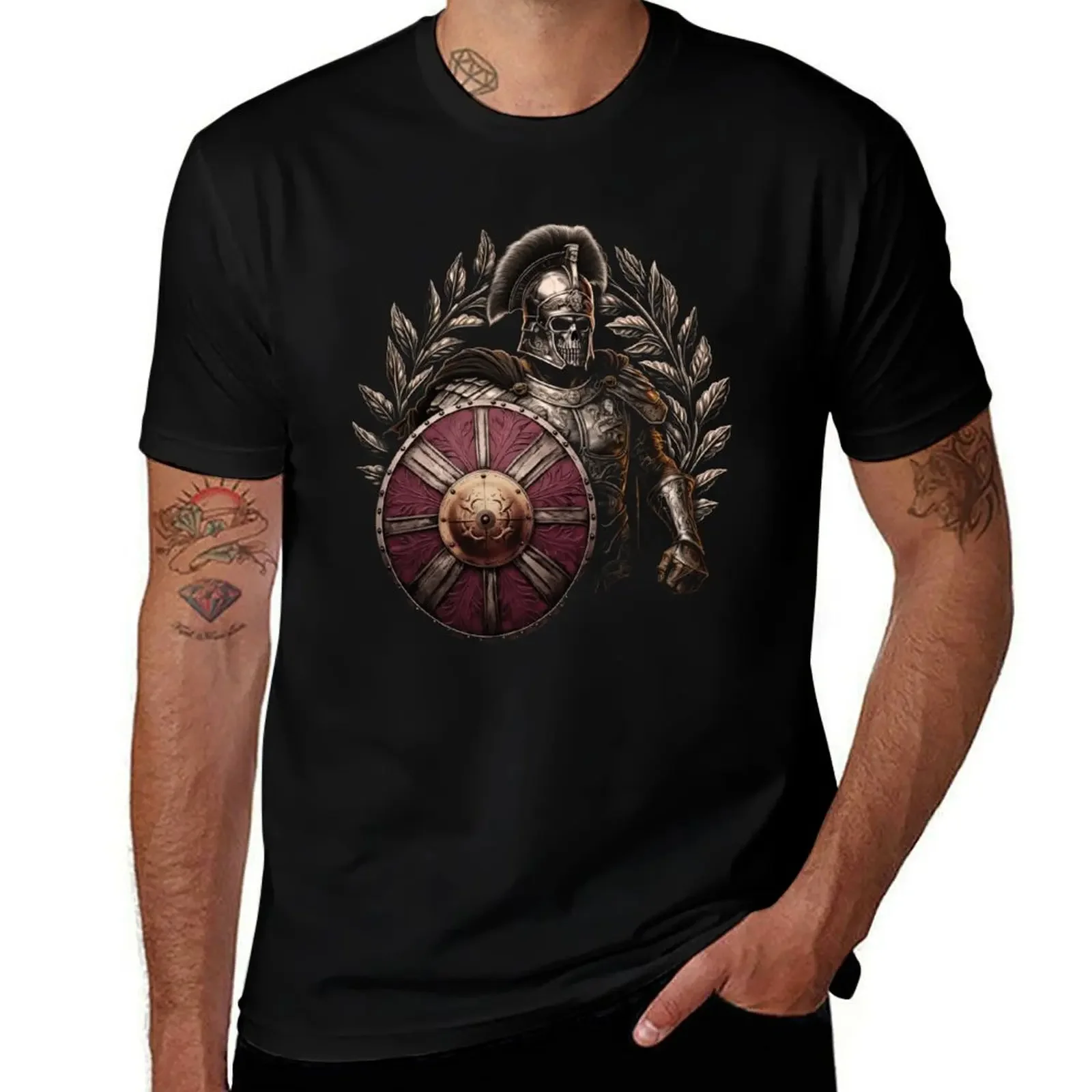 

Skeleton Roman Soldier in Armor with Shield - Ancient Warrior Art T-Shirt blue archive quick drying men t shirts high quality