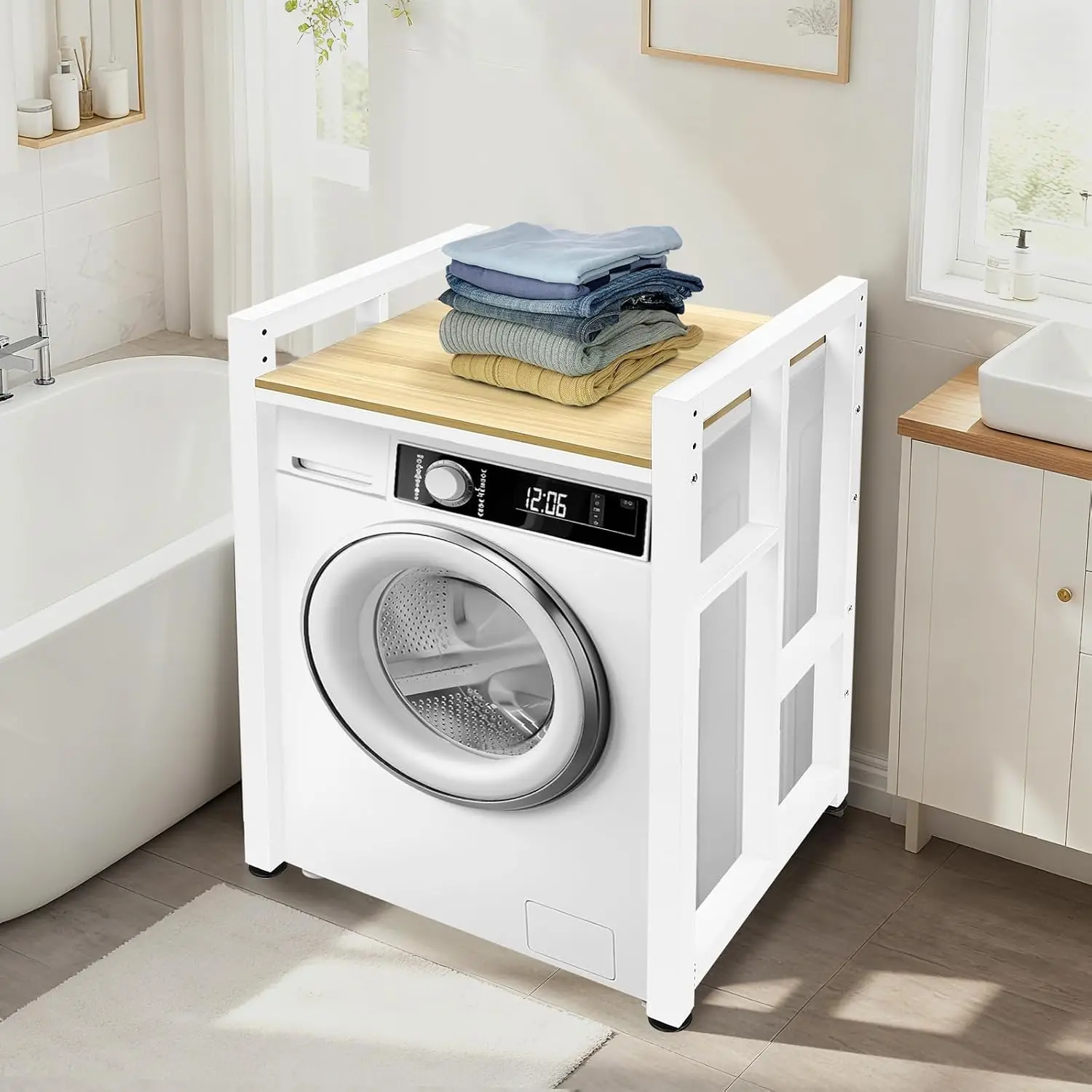 Washer Dryer Stacking Rack Stand, Laundry Organizer Storage Shelf for Bathroom, White Frame & Light Walnut, Space-Saving Utility