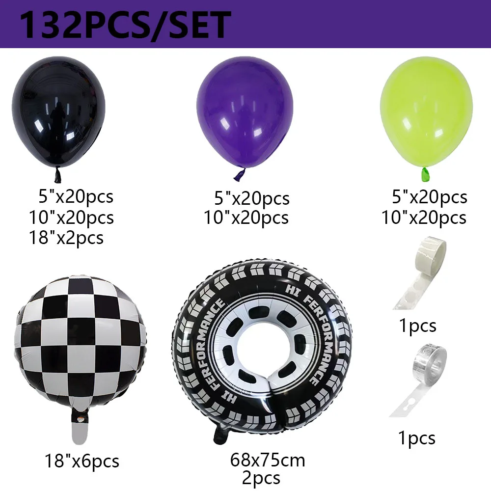 132Pcs Racing theme Balloon Garland Kit Black Green Dark Purple Balloon Large Wheel Theme Birthday Party Baby Shower Decoration