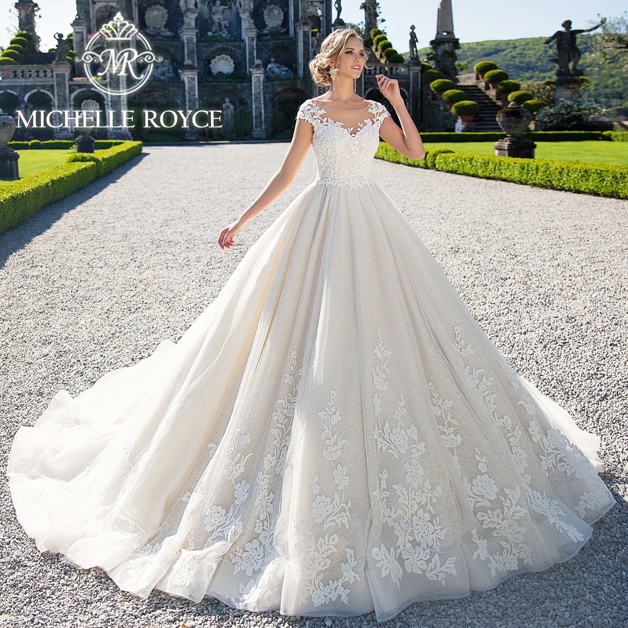 

Michelle Royce Short Sleeve Ball Gown Wedding Dresses For Woman2024 Invisible Neckline Embroidery Wedding Gown Vestidos De Novia