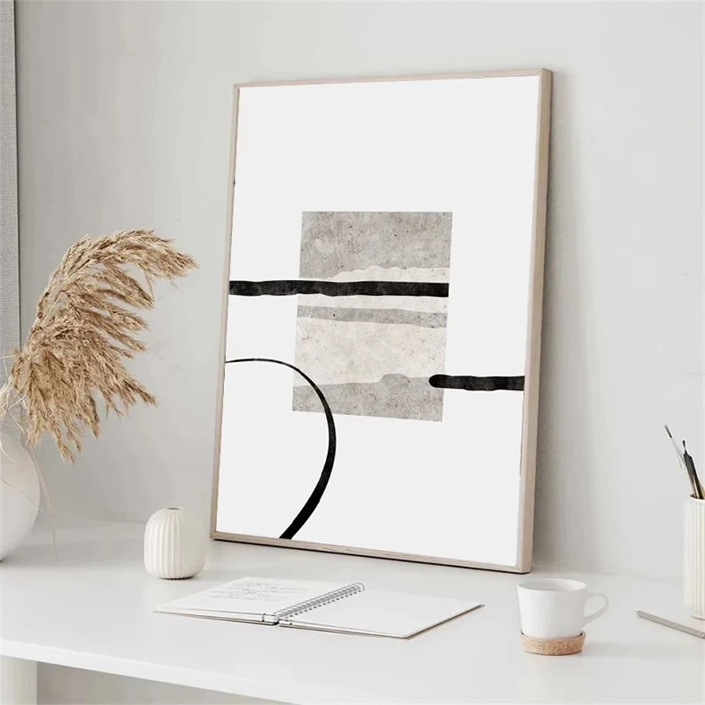 Abstract Color Block Beige Black Line Poster and Print Minimalist Wall Art Oil Painting Nordic Living Room Bedroom Decoration