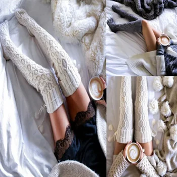 Dzianinowe wełniane skarpetki damskie z długimi rurkami do kolan w kształcie kulki włosów