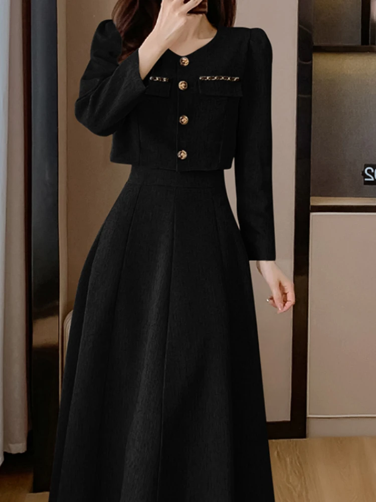 New Autumn Fashion Small Fragrance Single Breasted Short Coat + High Waist Mid Length Skirt Ladies Suit Korean Two Piece Set