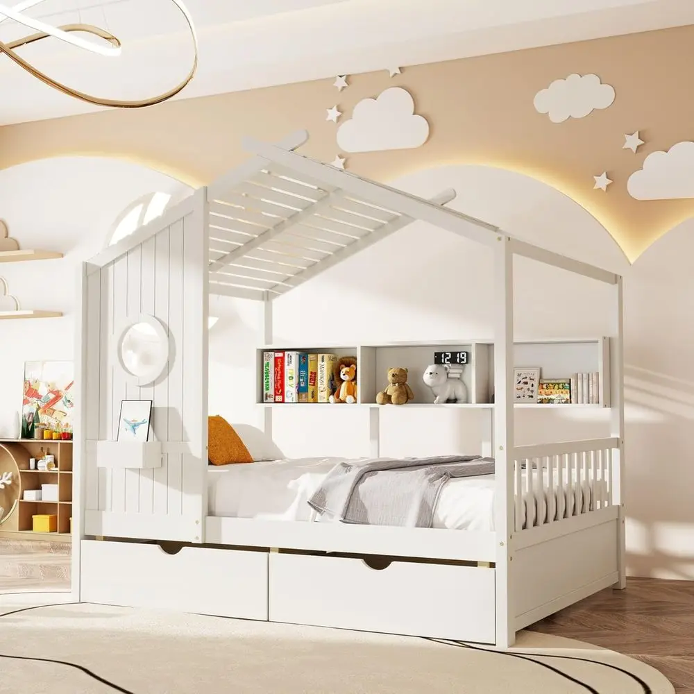 

Белая деревянная кровать-домик с местом для хранения вещей, детская кровать-домик с окном, подходит для мальчиков и девочек, декоративная