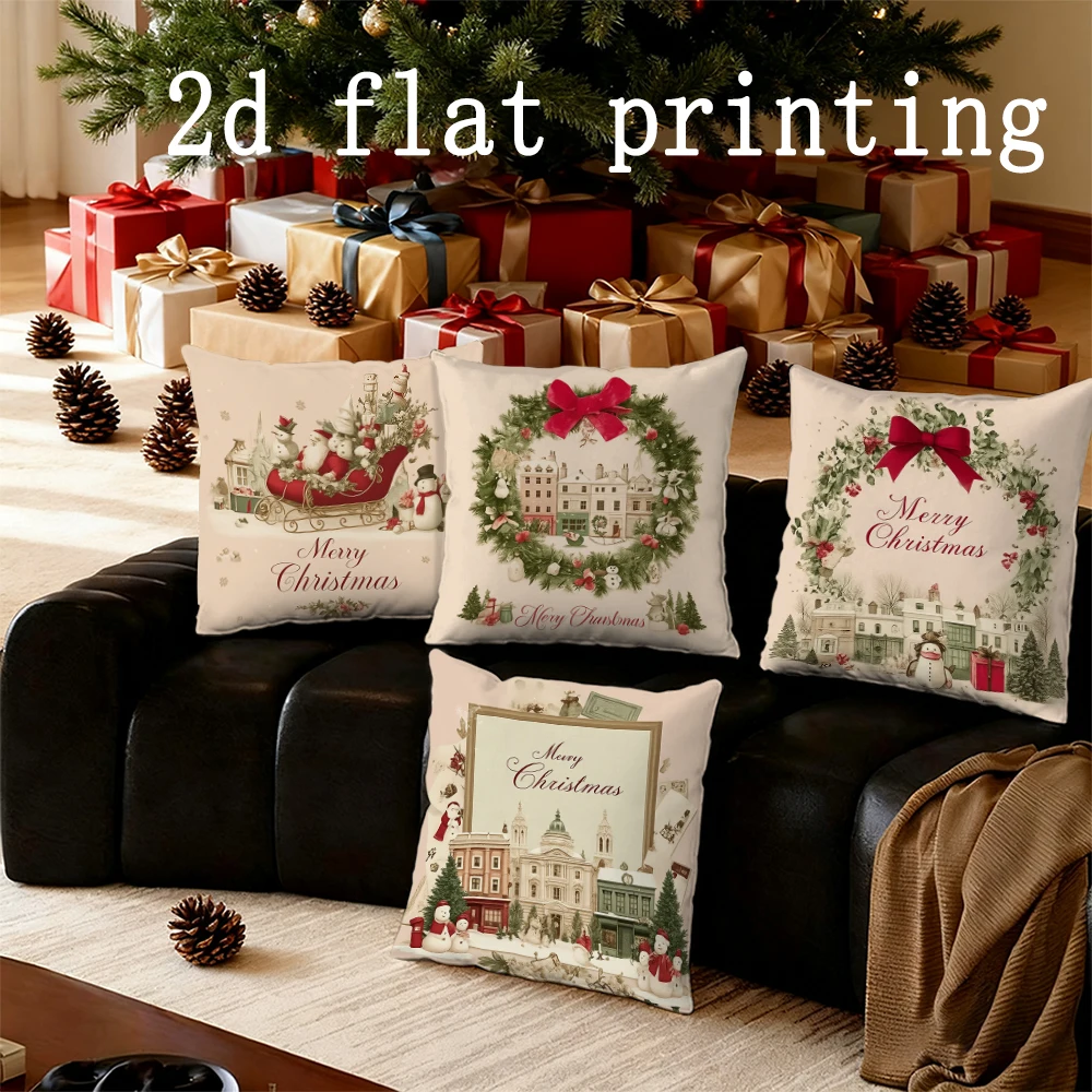 1pcs/4pcs- Merry Christmas-themed Pillow Covers with Festive Designs , Square Pillow Cover, Modern Sofa Decorative Cushion Cover