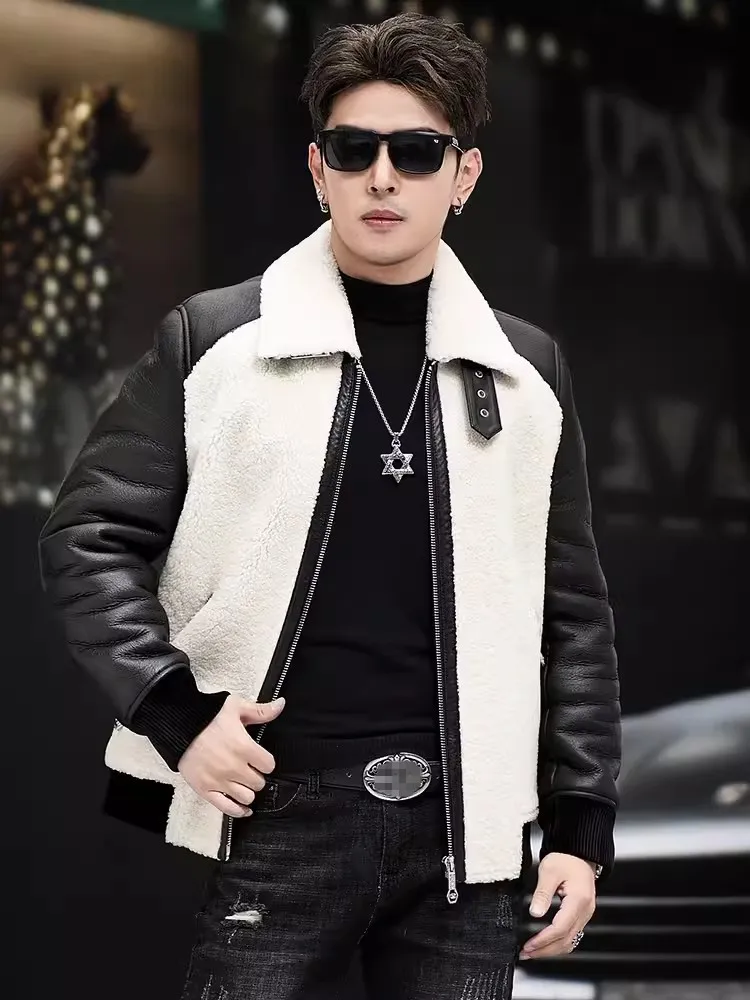 Top Quality Men Winter Genuine Leather Real Fur Bomber Jacket Business Casual Slim Fit Spliced Sheep Fur Coat Shearling Overcoat