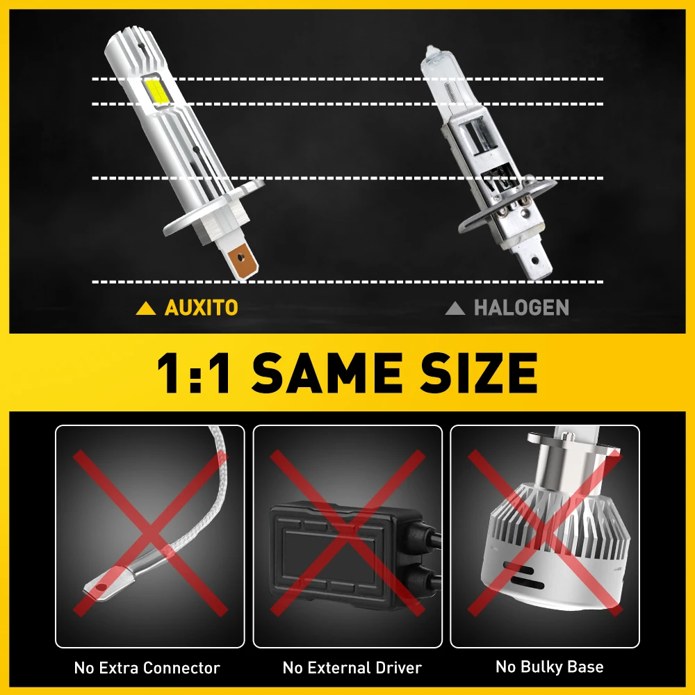AUXITO 2Pcs 12000LM H1 LED Canbus Headlight Bulb Error Free H1 LED Car Head Fog Light Fanless 60W 12V 6500K White Plug & Play - view 6