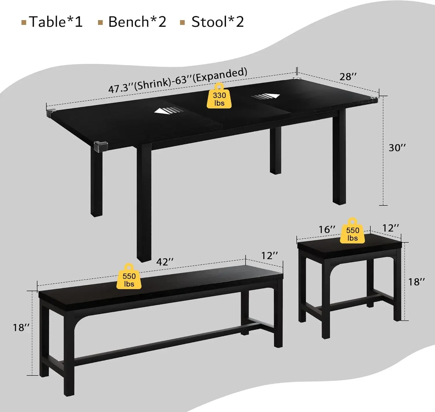 5-Piece Dining Table Set for 4-8 People, Extendable Kitchen Table Set with 2 Benches and 2 Square Stools, Mid-Century