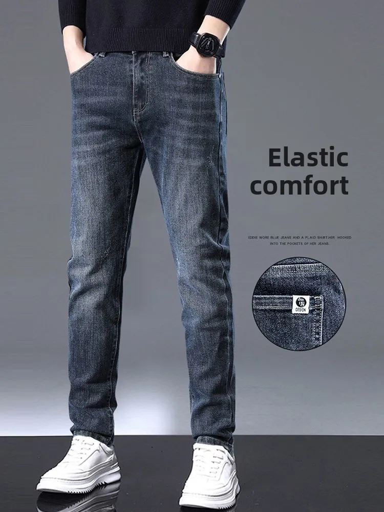 Spring and Autumn Jeans Cowboy Elastic Straight Loose Men's Clothing Versatile Jeans Luxury Solid Fashion Casual Long Pants